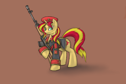 Size: 1800x1200 | Tagged: safe, artist:cyrilunicorn, sunset shimmer, pony, unicorn, g4, clothes, command and conquer, crossover, cutie mark, dragunov svd, female, gun, hat, hooves, horn, mare, natasha volkova, red alert, red alert 3, red eyes, rifle, simple background, sniper rifle, solo, soviet, soviet shimmer, uniform, video game, weapon