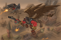 Size: 1800x1200 | Tagged: safe, artist:cyrilunicorn, griffon, air raid, appleloosa, command and conquer, ponified, red alert, red alert 3, soviet, video game, weapon