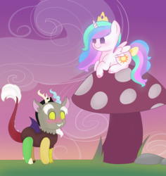 Size: 1700x1800 | Tagged: safe, artist:pigzfairy, discord, princess celestia, alicorn, draconequus, pony, g4, all fours, blushing, chibi, duo, female, giant mushroom, grin, male, mare, micro, mushroom, prone, ship:dislestia, shipping, smallestia, smiling, straight