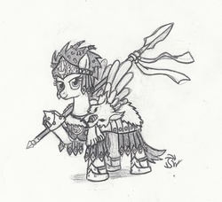 Size: 935x854 | Tagged: safe, artist:sensko, pegasus, pony, armor, black and white, grayscale, monochrome, pencil drawing, solo, spear, traditional art, weapon