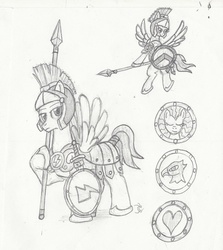 Size: 844x947 | Tagged: safe, artist:sensko, pegasus, pony, armor, flying, grayscale, hoplite, monochrome, pencil drawing, shield, simple background, sketch, spear, traditional art, weapon, white background