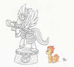 Size: 900x809 | Tagged: safe, artist:sensko, firefly, spitfire, g1, g4, g1 to g4, generation leap, partial color, pencil drawing, simple background, statue, traditional art, white background, wonderbolts, younger