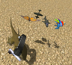 Size: 626x563 | Tagged: safe, rainbow dash, butterfly, dinosaur, velociraptor, g4, 3d, collection, gun, helicopter, raptors online, weapon