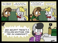 Size: 2480x1826 | Tagged: safe, artist:bobthedalek, oc, oc only, oc:mixed melody, oc:octavia's father, oc:octavia's mother, oc:ostinato melody, earth pony, pony, blushing, clothes, comic, dialogue, double entendre, out of context, scarf, shirt
