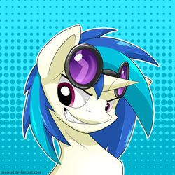 Size: 1024x1024 | Tagged: safe, artist:neoncel, dj pon-3, vinyl scratch, pony, unicorn, g4, abstract background, bust, female, horn, mare, portrait, smiling, solo, sunglasses, teeth