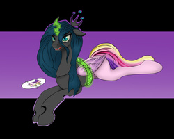 Size: 4000x3200 | Tagged: safe, artist:chapaevv, princess cadance, queen chrysalis, changeling, changeling queen, g4, character to character, crown, female, glowing horn, horn, jewelry, lying down, mare, open mouth, prone, regalia, solo, transformation