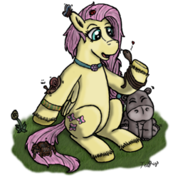 Size: 800x800 | Tagged: safe, artist:teagigs, fluttershy, butterfly, hippopotamus, ladybug, snail, snake, spider, g4, accessory, braid, female, folded wings, grass, necklace, simple background, sitting, solo, unshorn fetlocks