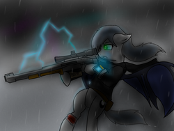 Size: 1600x1200 | Tagged: safe, artist:eclipsepenumbra, oc, oc only, oc:eclipse penumbra, bat pony, pony, fallout equestria, 20mm rifle, aiming, bandage, bat wings, blood, clothes, cutie mark, flying, green eyes, gun, lightning, pipbuck, rain, scope, storm, weapon