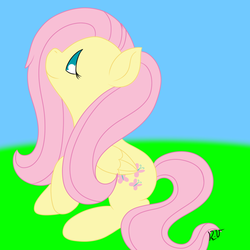 Size: 1000x1000 | Tagged: safe, artist:artisticpup, fluttershy, g4, female, folded wings, looking away, looking up, no pupils, raised hoof, sitting, smiling, solo