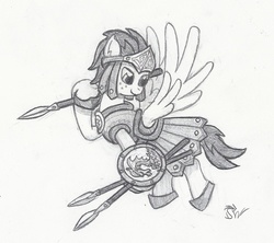 Size: 948x842 | Tagged: safe, artist:sensko, pegasus, pony, armor, black and white, buckler, flying, grayscale, monochrome, pencil drawing, shield, simple background, spear, traditional art, weapon, white background