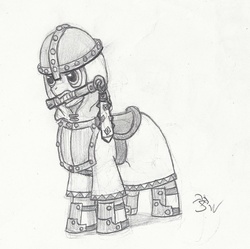 Size: 895x892 | Tagged: safe, artist:sensko, earth pony, pony, armor, black and white, flail, grayscale, helmet, militia, monochrome, mouth hold, pencil drawing, saddle, simple background, solo, standing, traditional art, weapon, white background