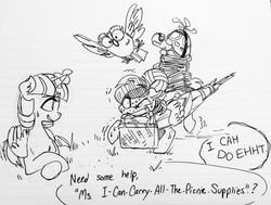 Size: 1280x969 | Tagged: safe, artist:glacierclear, owlowiscious, rainbow dash, tank, twilight sparkle, alicorn, pony, g4, book, dialogue, duo, female, mare, monochrome, mouth hold, picnic basket, prone, speech bubble, sweat, traditional art, twilight sparkle (alicorn), umbrella, volleyball