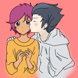 Size: 900x900 | Tagged: dead source, safe, artist:alisouza77, rumble, scootaloo, human, g4, blushing, cheek kiss, cute, female, humanized, kissing, male, moderate dark skin, ship:rumbloo, shipping, simple background, straight, valentine's day