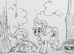 Size: 1280x941 | Tagged: safe, artist:glacierclear, apple bloom, applejack, g4, applebucking, faceplant, monochrome, traditional art, tree