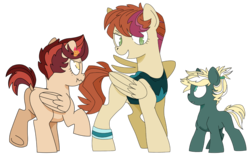 Size: 1600x993 | Tagged: safe, artist:dbkit, oc, oc only, oc:cherry bomber, oc:hightide, oc:rosy rascal, pegasus, pony, blank flank, offspring, parent:dumbbell, parent:rainbow dash, parents:dumbdash, simple background, transparent background, trio