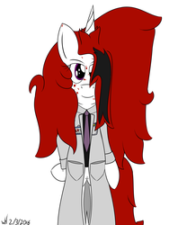 Size: 1536x2048 | Tagged: safe, artist:xwoofyhoundx, oc, oc only, oc:red velvet, pony, bipedal, clothes, doctor, hair over one eye, lab coat, necktie, solo, trenchcoat