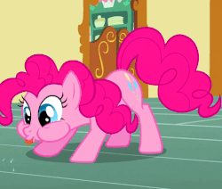 Size: 471x400 | Tagged: safe, screencap, pinkie pie, earth pony, pony, baby cakes, g4, animated, female, mare, onomatopoeia, puffy cheeks, raspberry, raspberry noise, tongue out