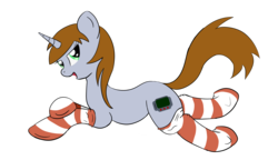 Size: 4000x2300 | Tagged: safe, artist:sethisto, oc, oc only, oc:littlepip, pony, unicorn, fallout equestria, bedroom eyes, clothes, fanfic, fanfic art, female, hooves, horn, looking at you, mare, open mouth, raised tail, simple background, socks, solo, striped socks, transparent background