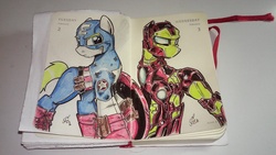 Size: 2304x1296 | Tagged: safe, artist:ponygoddess, captain america, captain equestria, iron man, marvel comics, ponified, traditional art