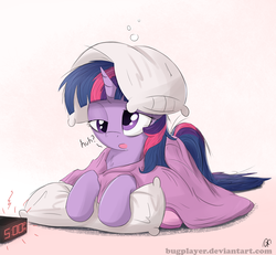 Size: 2700x2500 | Tagged: safe, artist:bugplayer, twilight sparkle, pony, unicorn, g4, alarm clock, blanket, bugplayer is trying to murder us, cute, derp, female, high res, mare, morning ponies, pillow, solo, twiabetes