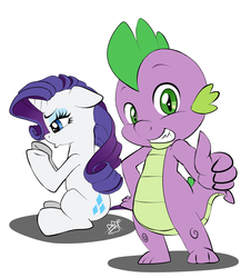 Size: 1200x1325 | Tagged: safe, artist:pia-sama, rarity, spike, pony, unicorn, g4, cute, female, floppy ears, grin, lidded eyes, looking at you, male, mare, pouting, ship:sparity, shipping, simple background, sitting, straight, thumbs up, underhoof, white background