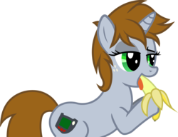 Size: 1641x1258 | Tagged: safe, artist:kalas17, artist:outlawedtofu, oc, oc only, oc:littlepip, pony, unicorn, fallout equestria, banana, bedroom eyes, fanfic, fanfic art, female, food, freckles, hooves, horn, mare, open mouth, simple background, solo, teasing, tongue out, transparent background