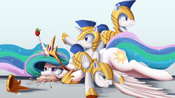 Size: 2000x1125 | Tagged: safe, artist:ncmares, princess celestia, alicorn, earth pony, pegasus, pony, unicorn, ask majesty incarnate, g4, cake, cakelestia, celestia is not amused, female, food, group, male, mare, mr president get down, royal guard, stallion, strawberry, this will end in tears and/or a journey to the moon, unamused