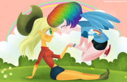 Size: 1024x663 | Tagged: safe, artist:ilianagatto, applejack, rainbow dash, human, g4, alternate hairstyle, blushing, clothes, converse, female, humanized, lesbian, ship:appledash, shipping, shoes