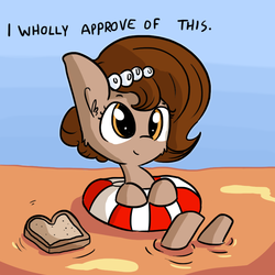Size: 792x792 | Tagged: safe, artist:tjpones, oc, oc only, oc:brownie bun, earth pony, pony, horse wife, bread, cheek fluff, dialogue, ear fluff, female, food, inner tube, mare, peanut butter, solo, swimming, toast