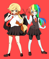 Size: 1024x1235 | Tagged: safe, artist:lotte, applejack, rainbow dash, equestria girls, g4, clothes, compression shorts, gryffindor, harry potter (series), implied lesbian, implied shipping, magic wand, necktie, pleated skirt, school uniform, shoes, shorts, skirt