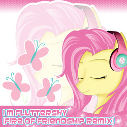 Size: 900x900 | Tagged: safe, artist:nicobrony, fluttershy, g4, cover, cutie mark, eyes closed, female, headphones, portrait, solo, text