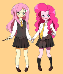Size: 1023x1208 | Tagged: safe, artist:lotte, fluttershy, pinkie pie, equestria girls, g4, blushing, clothes, duo, harry potter (series), holding hands, hufflepuff, looking at you, magic wand, necktie, orange background, pleated skirt, school uniform, shoes, simple background, skirt, socks, sweater, sweater vest