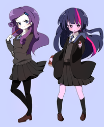 Size: 1023x1252 | Tagged: safe, artist:lotte, rarity, twilight sparkle, equestria girls, book, cape, clothes, harry potter (series), magic wand, necktie, pantyhose, pleated skirt, ravenclaw, robe, school uniform, shoes, skirt, skirt lift, smug, socks