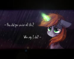 Size: 1000x800 | Tagged: dead source, safe, artist:mirtash, oc, oc only, oc:littlepip, pony, unicorn, fallout equestria, fallout equestria: the line, rcf community, dialogue, fanfic, fanfic art, female, glowing horn, horn, magic, mare, rain, scar, solo, spec ops: the line, text