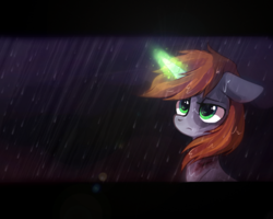 Size: 1000x800 | Tagged: dead source, safe, artist:mirtash, oc, oc only, oc:littlepip, pony, unicorn, fallout equestria, rcf community, fanfic, fanfic art, female, glowing horn, horn, magic, mare, rain, scar, solo