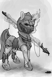 Size: 300x445 | Tagged: dead source, safe, artist:keeponhatin, twilight sparkle, g4, armor, female, medieval, monochrome, solo, spear, weapon