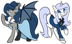 Size: 1038x649 | Tagged: safe, artist:egophiliac, oc, oc only, oc:platinum decree, oc:vibrant vision, bat pony, pony, unicorn, clothes, competition, dress, duo, earring, elegant, fabulous, fancy, female, fluffy, grin, looking at each other, mare, piercing, pose, ribbon, rivalry, simple background, socks, suit, sweatdrop, thigh highs, transparent background