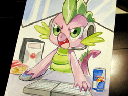 Size: 500x375 | Tagged: safe, artist:jiayi, spike, dragon, g4, chips, computer, computer mouse, copic, energy drink, food, gamer spike, headphones, keyboard, male, marker drawing, open mouth, photo, red bull, solo, traditional art, video game
