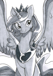 Size: 754x1090 | Tagged: safe, artist:jiayi, princess luna, alicorn, pony, g4, copic, female, grayscale, mare, marker drawing, monochrome, simple background, solo, spread wings, traditional art, white background