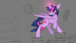 Size: 992x572 | Tagged: safe, artist:novabytes, twilight sparkle, alicorn, pony, g4, book, female, glowing horn, golden oaks library, horn, library, mare, solo, twilight sparkle (alicorn), wip