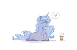 Size: 1977x1296 | Tagged: safe, artist:luckythedog, princess luna, pony, g4, blanket, coffee, cozy, cute, eyes closed, female, food, heart, lunabetes, silly, silly pony, simple background, solo, speech bubble, tongue out, white background