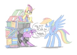 Size: 1962x1394 | Tagged: safe, artist:luckythedog, moondancer, rainbow dash, twilight sparkle, alicorn, pegasus, pony, unicorn, g4, book, book fort, female, glasses, mare, open mouth, raised hoof, ruler, simple background, speech bubble, that pony sure does love books, trio, twilight sparkle (alicorn), white background