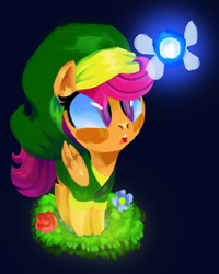 Size: 2400x3000 | Tagged: safe, artist:talonsofwater, scootaloo, fairy, g4, black background, crossover, female, flower, high res, link, navi, simple background, solo, the legend of zelda