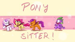 Size: 1440x801 | Tagged: safe, artist:vago-xd, apple bloom, scootaloo, spike, sweetie belle, earth pony, pegasus, pony, unicorn, g4, cape, clothes, cmc cape, cutie mark crusaders, eyes closed, foalsitter, foalsitting, open mouth, running, smiling, wink
