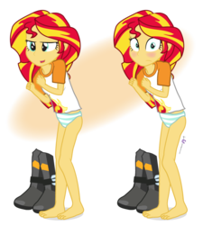 Size: 900x1000 | Tagged: safe, artist:dm29, sunset shimmer, equestria girls, g4, adorkable, barefoot, blushing, clothes, cute, dancing, dork, embarrassed, embarrassed underwear exposure, feet, female, julian yeo is trying to arouse us, panties, shimmerbetes, shocked, simple background, solo, striped underwear, transparent background, underwear