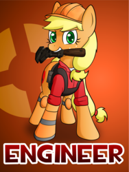 Size: 3000x4000 | Tagged: safe, artist:10art1, applejack, g4, apple, crossover, engiejack, engineer, engineer (tf2), female, food, solo, team fortress 2, wrench