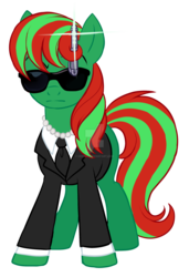 Size: 1600x2338 | Tagged: safe, artist:centchi, oc, oc only, oc:sony, dexterous mane, mares in black, necklace, neuralizer, pearl necklace, solo, sunglasses, watermark