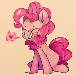 Size: 1280x1280 | Tagged: safe, artist:adroitart, pinkie pie, earth pony, pony, g4, blushing, cute, diapinkes, ear fluff, eyes closed, female, grin, heart, mare, marker drawing, simple background, smiling, solo, traditional art