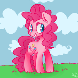 Size: 1280x1280 | Tagged: safe, artist:adroitart, pinkie pie, g4, cloud, female, grass, grin, solo