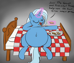 Size: 2800x2400 | Tagged: safe, artist:superninja, trixie, pony, unicorn, g4, bed, belly, belly button, big belly, chubby, crackers, eating, eyes closed, fat, female, food, high res, levitation, magic, mare, messy eating, on back, peanut butter, peanut butter crackers, plate, solo, telekinesis, the great and bountiful trixie